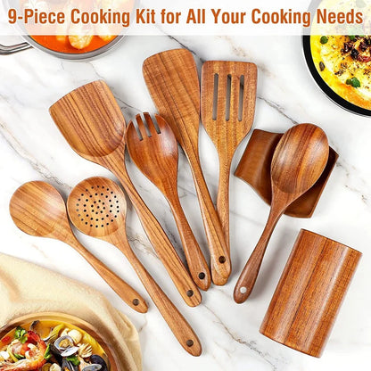 Cuchara de cocina de teca natural, espátula de madera para cocina, juego de utensilios antiadherentes con ganchos para colgar, juego de utensilios de cocina