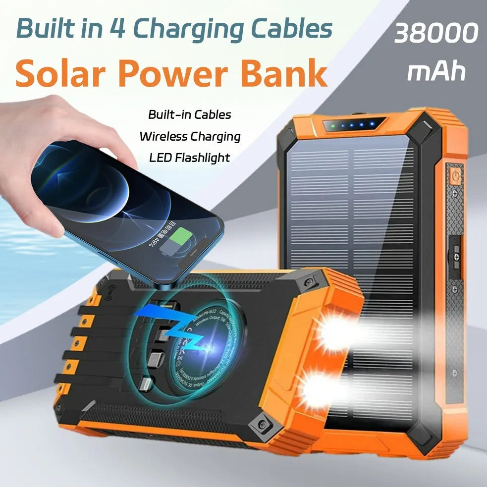 Solar Power Bank with Wireless Charging & Built-In Cables
