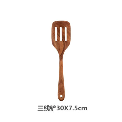 Cuchara de cocina de teca natural, espátula de madera para cocina, juego de utensilios antiadherentes con ganchos para colgar, juego de utensilios de cocina