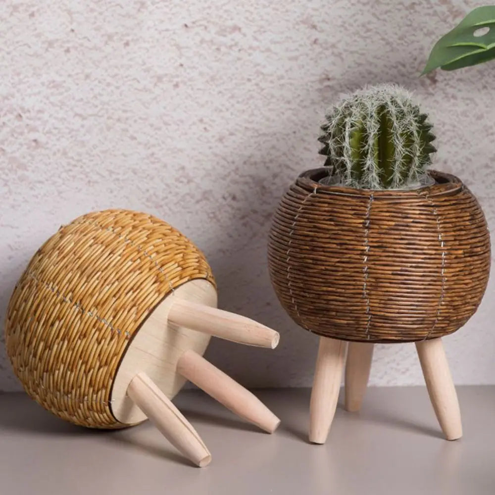 Vaso da fiori in rattan intrecciato alla moda, fioriere creative con gambe rimovibili, resistente supporto per piante intrecciato a mano