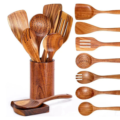 Cuchara de cocina de teca natural, espátula de madera para cocina, juego de utensilios antiadherentes con ganchos para colgar, juego de utensilios de cocina