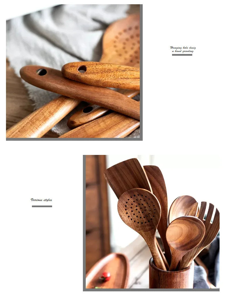 Cuchara de cocina de teca natural, espátula de madera para cocina, juego de utensilios antiadherentes con ganchos para colgar, juego de utensilios de cocina