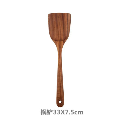 Cuchara de cocina de teca natural, espátula de madera para cocina, juego de utensilios antiadherentes con ganchos para colgar, juego de utensilios de cocina