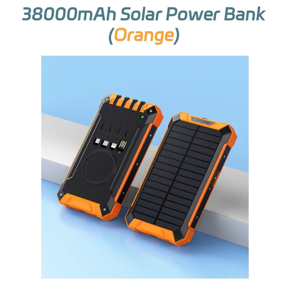Solar Power Bank with Wireless Charging & Built-In Cables
