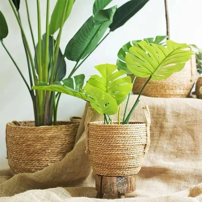 1 pieza para terrazas de jardín, maceta de ratán, cesta de paja, maceta tejida de hierba, decoración de muebles, tamaño mini/pequeño/grande.