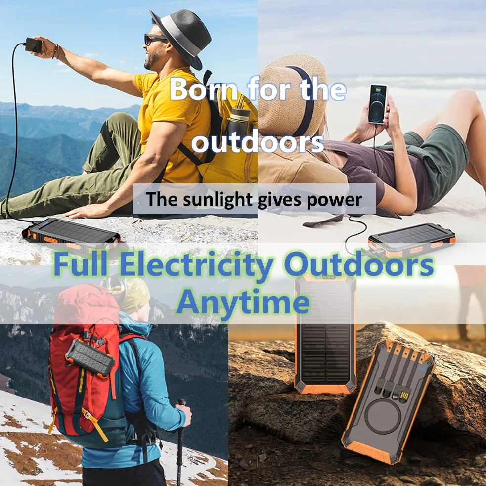 Solar Power Bank with Wireless Charging & Built-In Cables