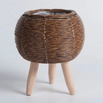 Vaso da fiori in rattan intrecciato alla moda, fioriere creative con gambe rimovibili, resistente supporto per piante intrecciato a mano
