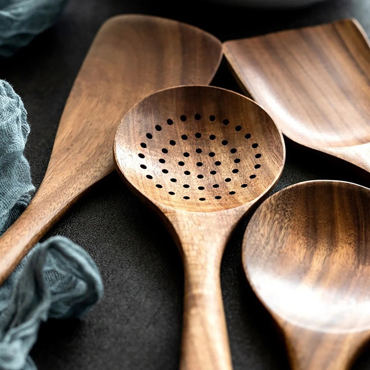 Juego de utensilios de cocina de madera, espátula para el hogar, cuchara, tenedor, cuchara para mezclar, juego de cocina para hornear con cubo de almacenamiento